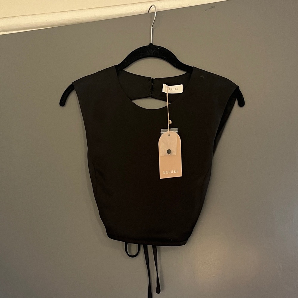 Meshki Viviana satin sleeveless black open back crop top - Picture 2 of 5